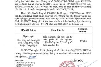 THÔNG BÁO MÔN THI THỨ BA TRONG KỲ THI TUYỂN SINH VÀO LỚP 10 THPT NĂM HỌC 2026-2027